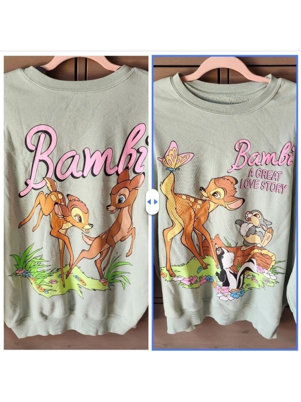 Bambi Two Sided Graphic Sweatshirt - Light Green Ladies Large